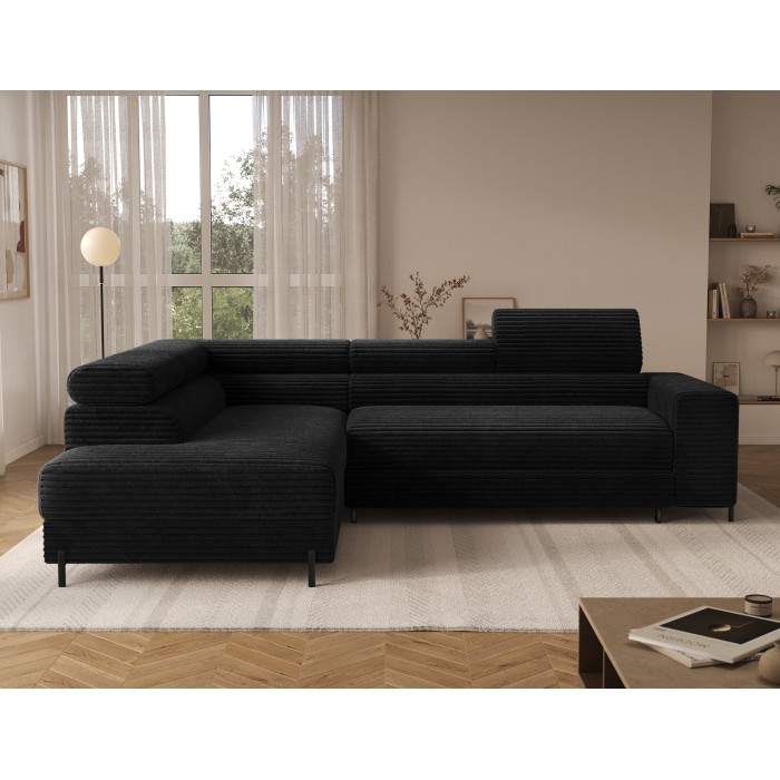 Canapé d'angle COLESIA convertible 5 places noir velours côtelé – gauche – 274x200cm 