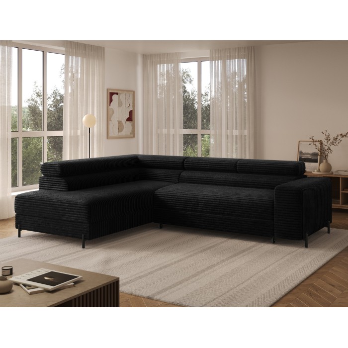 Canapé d'angle COLESIA convertible 5 places noir velours côtelé – gauche – 274x200cm 