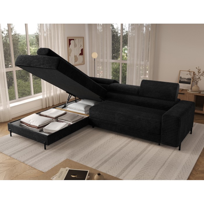 Canapé d'angle COLESIA convertible 5 places noir velours côtelé – gauche – 274x200cm 