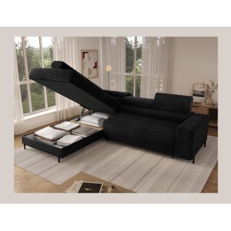Canapé d'angle COLESIA convertible 5 places noir velours côtelé – gauche – 274x200cm 