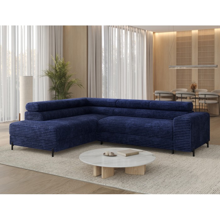 Canapé d'angle COLESIA convertible 5 places bleu foncé velours côtelé – gauche – 274x200cm 