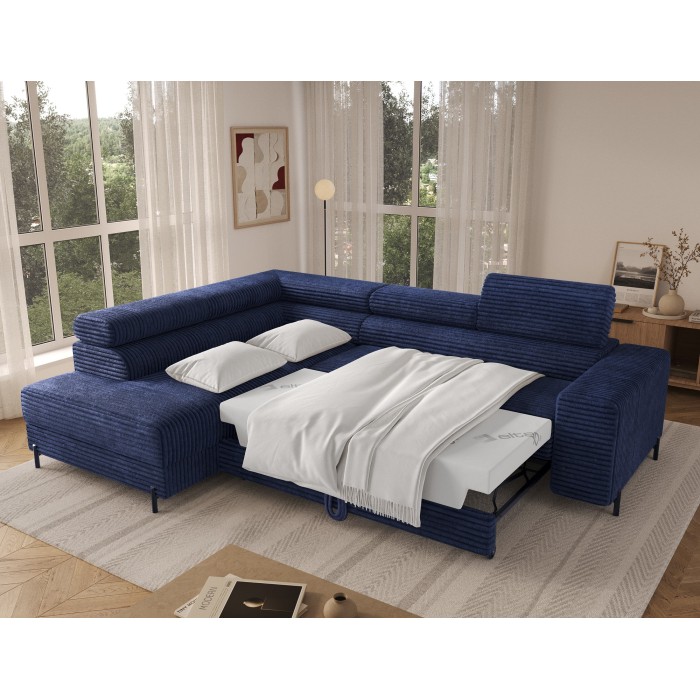 Canapé d'angle COLESIA convertible 5 places bleu foncé velours côtelé – gauche – 274x200cm 