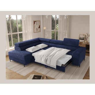 Canapé d'angle COLESIA convertible 5 places bleu foncé velours côtelé – gauche – 274x200cm 