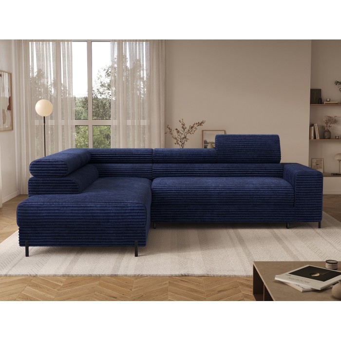 Canapé d'angle COLESIA convertible 5 places bleu foncé velours côtelé – gauche – 274x200cm 