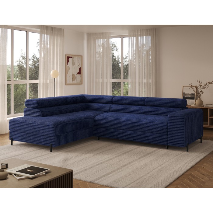 Canapé d'angle COLESIA convertible 5 places bleu foncé velours côtelé – gauche – 274x200cm 