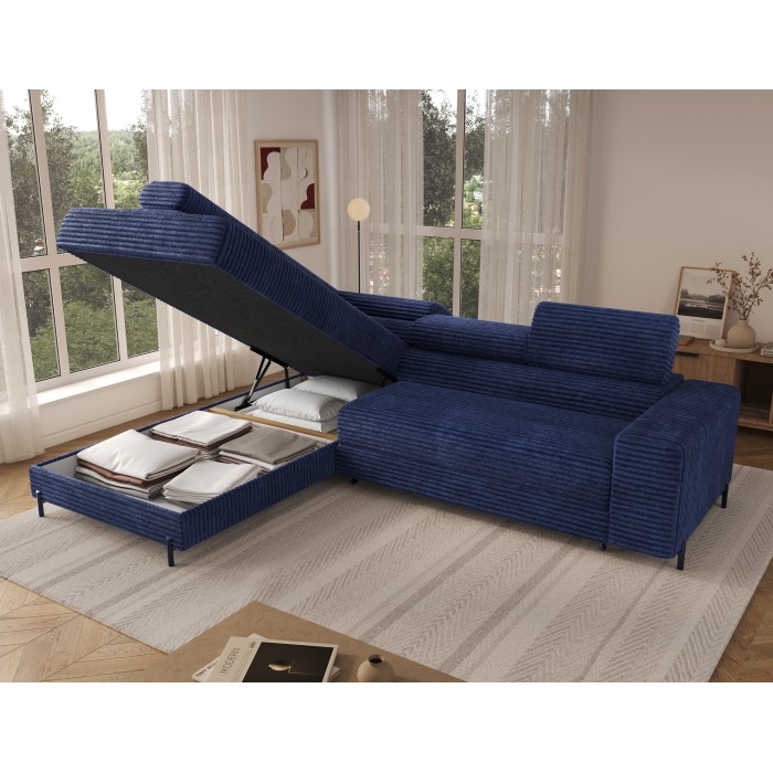 Canapé d'angle COLESIA convertible 5 places bleu foncé velours côtelé – gauche – 274x200cm 