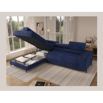Canapé d'angle COLESIA convertible 5 places bleu foncé velours côtelé – gauche – 274x200cm 