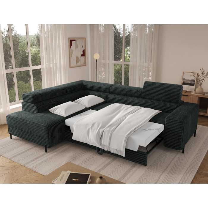 Canapé d'angle COLESIA convertible 5 places vert foncé velours côtelé – gauche – 274x200cm 