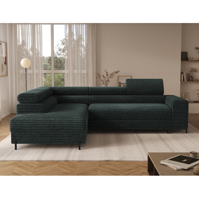 Canapé d'angle COLESIA convertible 5 places vert foncé velours côtelé – gauche – 274x200cm 