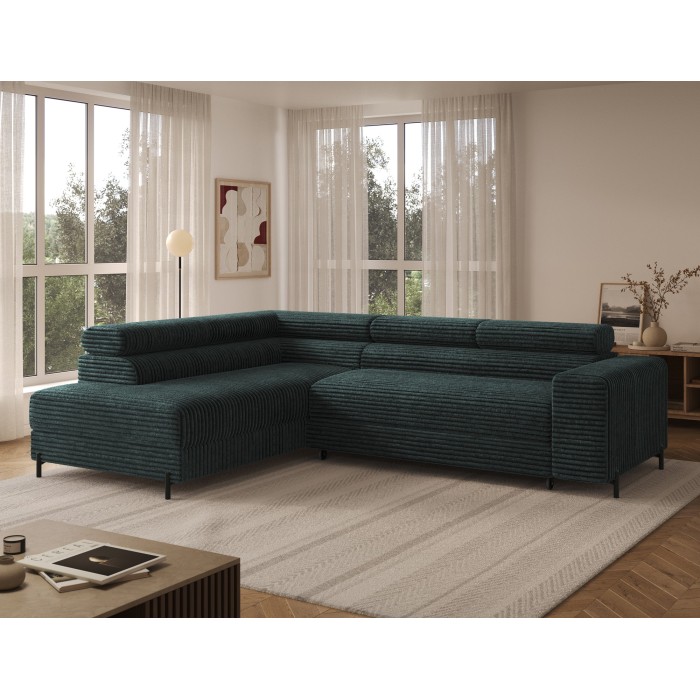 Canapé d'angle COLESIA convertible 5 places vert foncé velours côtelé – gauche – 274x200cm 