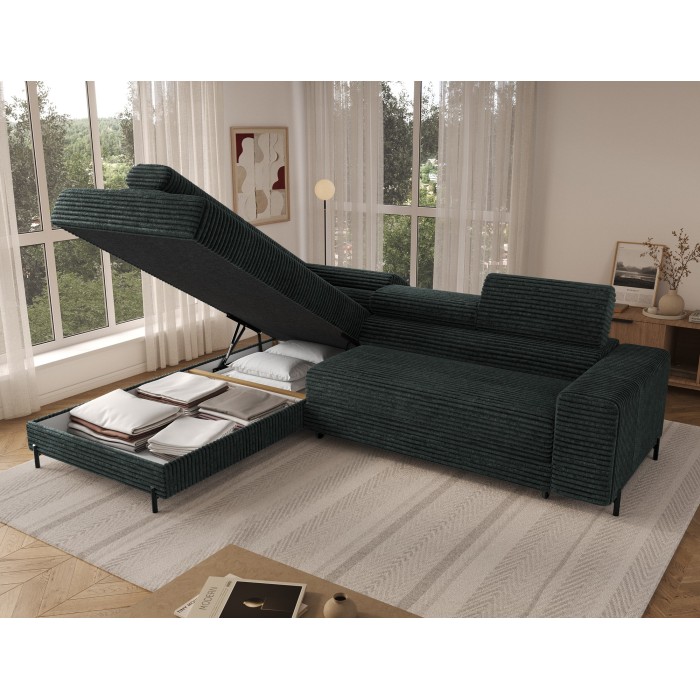 Canapé d'angle COLESIA convertible 5 places vert foncé velours côtelé – gauche – 274x200cm 
