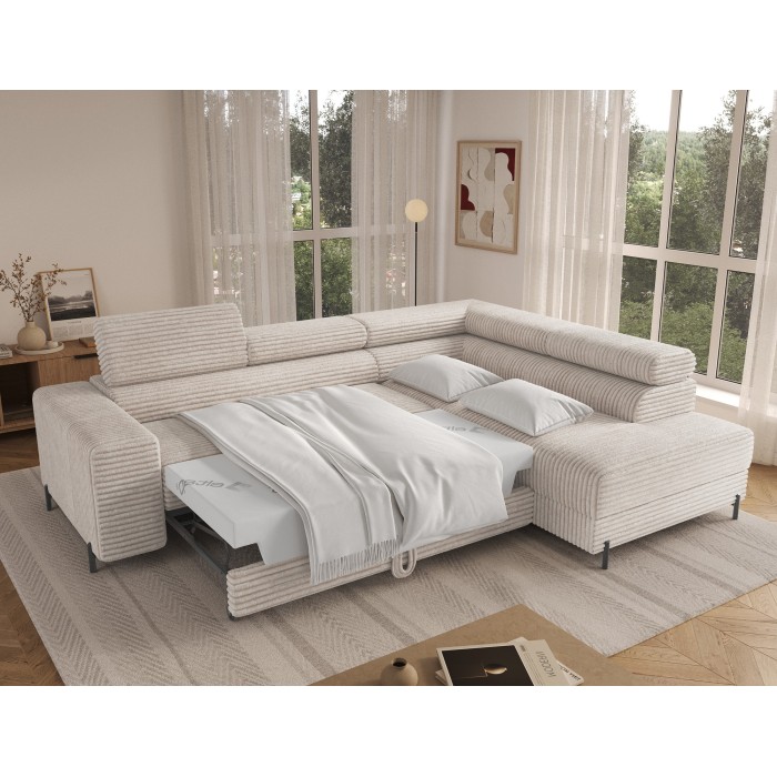 Canapé d'angle COLESIA convertible 5 places gris velours côtelé – droit – 274x200cm 