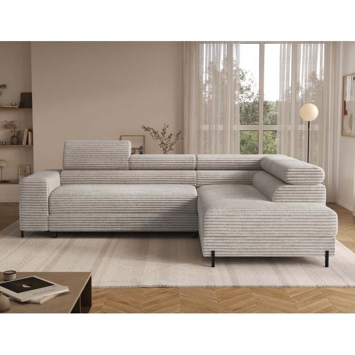 Canapé d'angle COLESIA convertible 5 places gris velours côtelé – droit – 274x200cm 