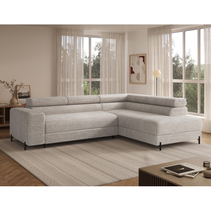 Canapé d'angle COLESIA convertible 5 places gris velours côtelé – droit – 274x200cm 