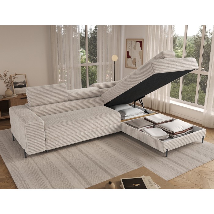 Canapé d'angle COLESIA convertible 5 places gris velours côtelé – droit – 274x200cm 