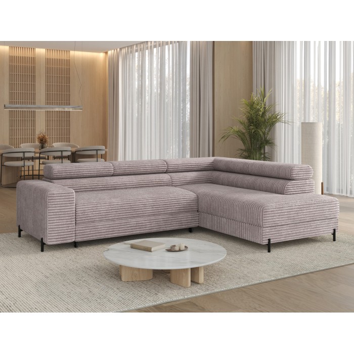 Canapé d'angle COLESIA convertible 5 places blanc crème velours côtelé – droit – 274x200cm 