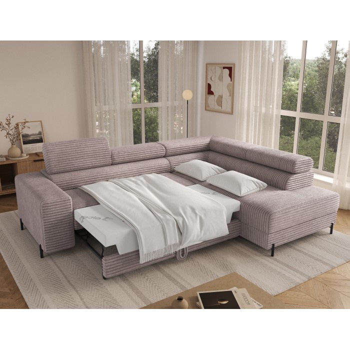 Canapé d'angle COLESIA convertible 5 places blanc crème velours côtelé – droit – 274x200cm 