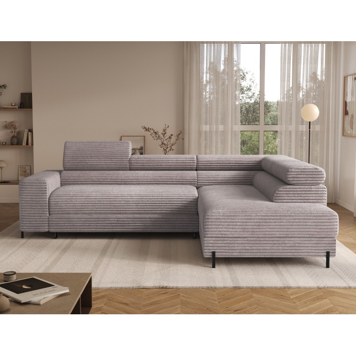 Canapé d'angle COLESIA convertible 5 places blanc crème velours côtelé – droit – 274x200cm 