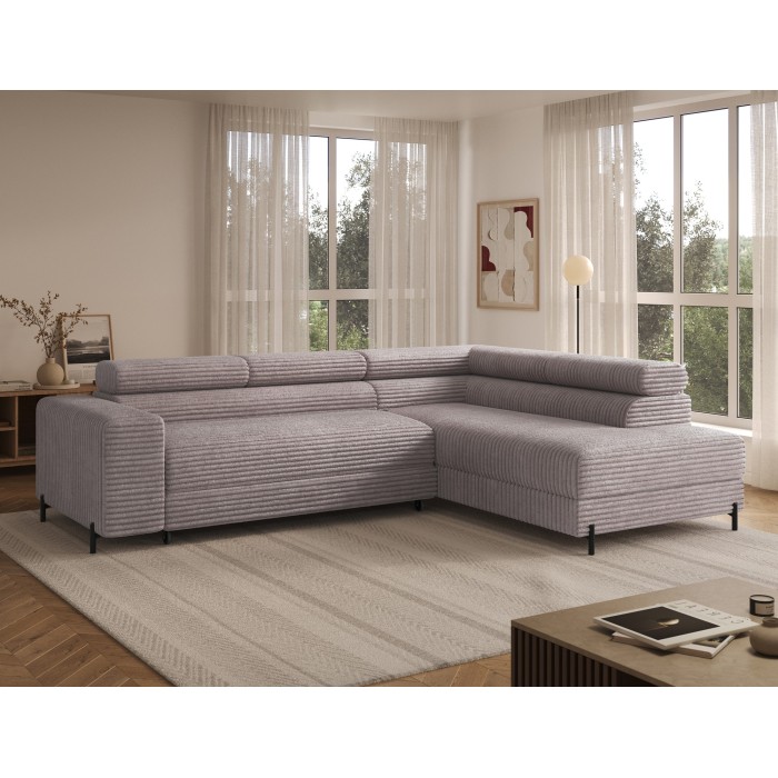 Canapé d'angle COLESIA convertible 5 places blanc crème velours côtelé – droit – 274x200cm 
