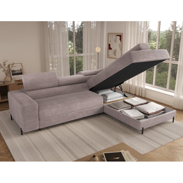 Canapé d'angle COLESIA convertible 5 places blanc crème velours côtelé – droit – 274x200cm 