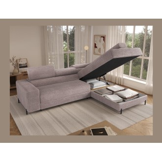 Canapé d'angle COLESIA convertible 5 places blanc crème velours côtelé – droit – 274x200cm 