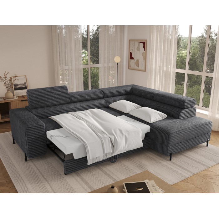 Canapé d'angle COLESIA convertible 5 places brun clair velours côtelé – droit – 274x200cm 