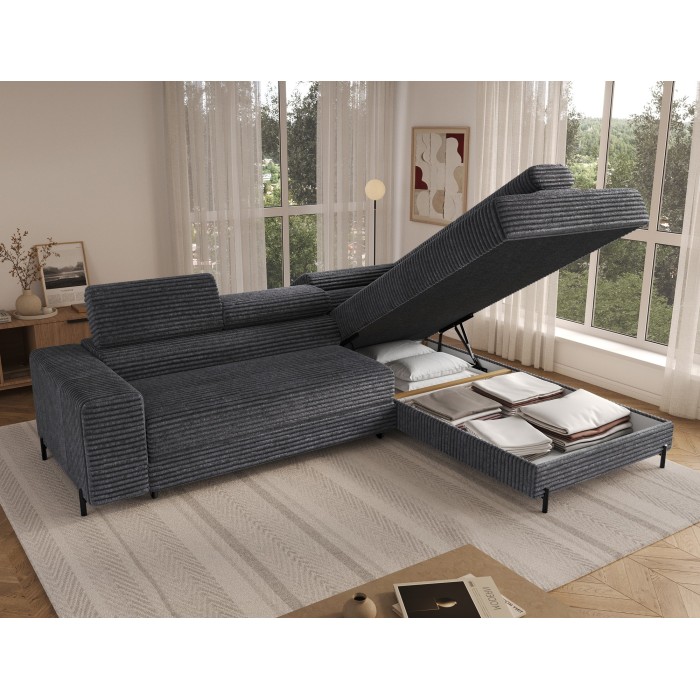 Canapé d'angle COLESIA convertible 5 places brun clair velours côtelé – droit – 274x200cm 
