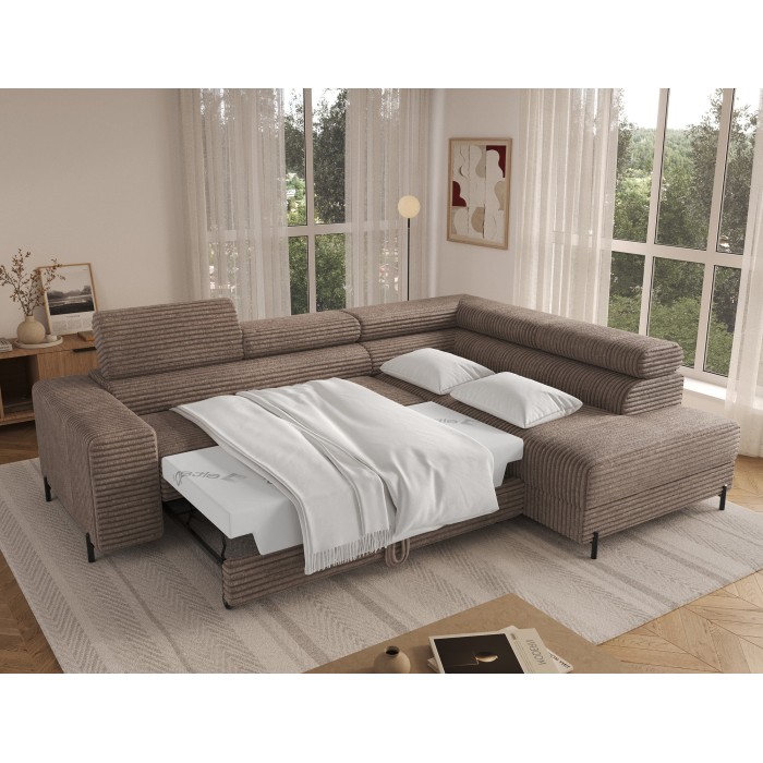 Canapé d'angle COLESIA convertible 5 places beige velours côtelé – droit – 274x200cm 