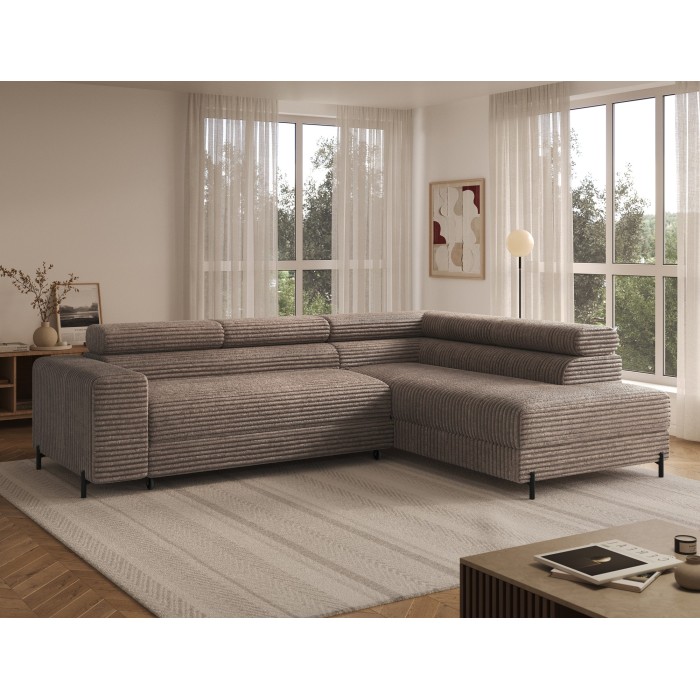 Canapé d'angle COLESIA convertible 5 places beige velours côtelé – droit – 274x200cm 