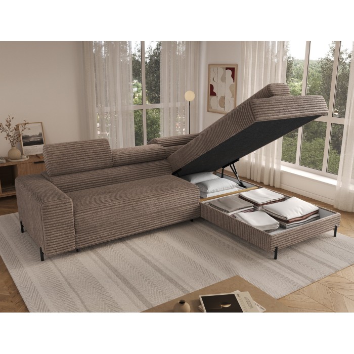 Canapé d'angle COLESIA convertible 5 places beige velours côtelé – droit – 274x200cm 