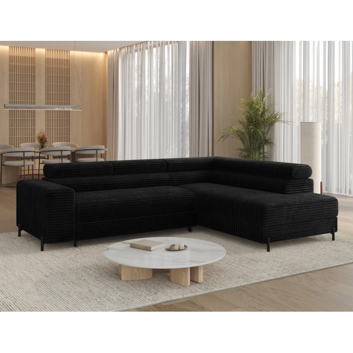 Canapé d'angle COLESIA convertible 5 places noir velours côtelé – droit – 274x200cm 