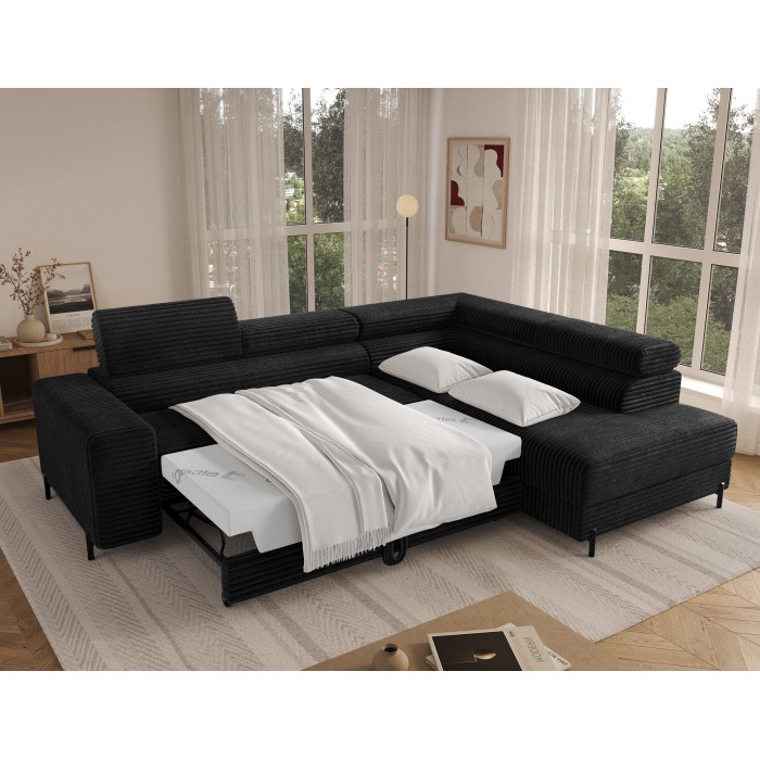 Canapé d'angle COLESIA convertible 5 places noir velours côtelé – droit – 274x200cm 