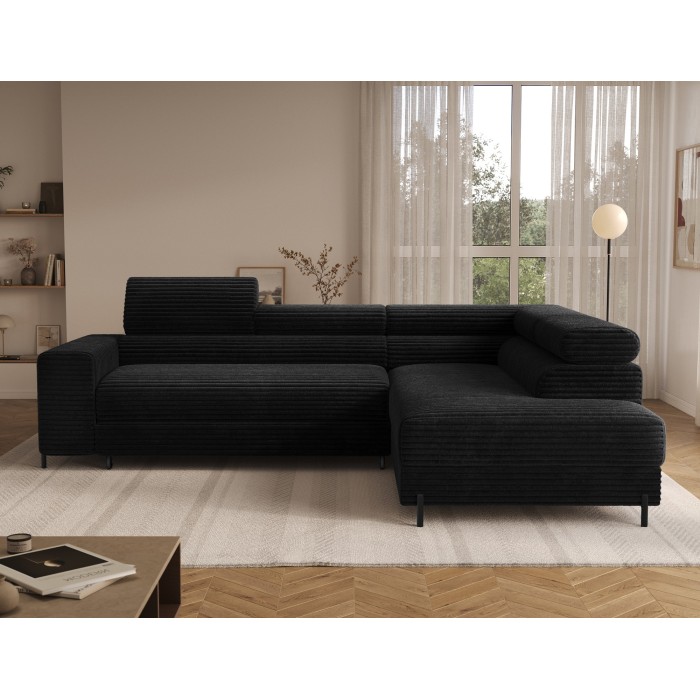 Canapé d'angle COLESIA convertible 5 places noir velours côtelé – droit – 274x200cm 