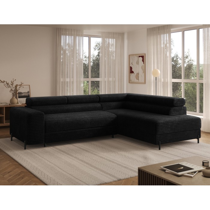 Canapé d'angle COLESIA convertible 5 places noir velours côtelé – droit – 274x200cm 