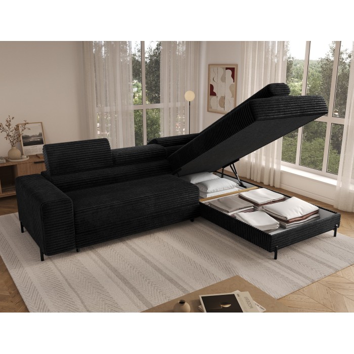 Canapé d'angle COLESIA convertible 5 places noir velours côtelé – droit – 274x200cm 
