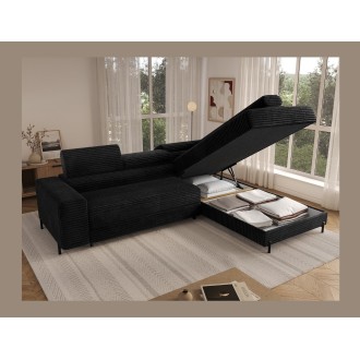 Canapé d'angle COLESIA convertible 5 places noir velours côtelé – droit – 274x200cm 