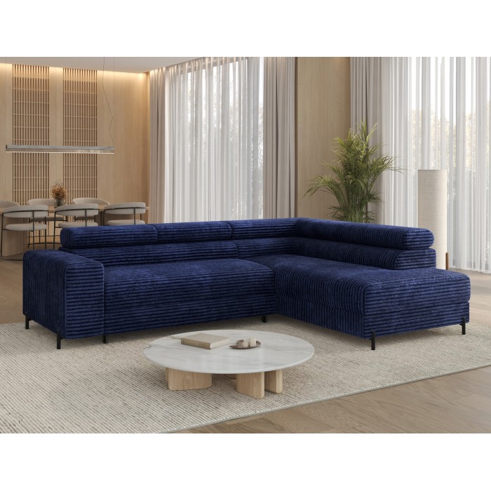 Canapé d'angle COLESIA convertible 5 places bleu foncé velours côtelé – droit – 274x200cm 