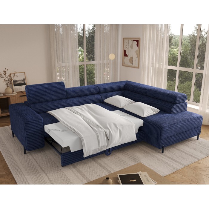 Canapé d'angle COLESIA convertible 5 places bleu foncé velours côtelé – droit – 274x200cm 