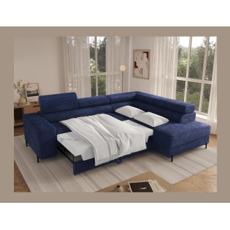 Canapé d'angle COLESIA convertible 5 places bleu foncé velours côtelé – droit – 274x200cm 