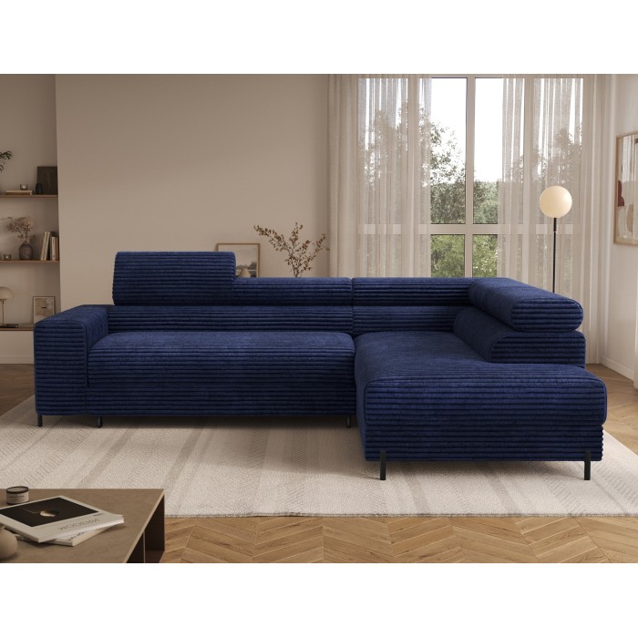 Canapé d'angle COLESIA convertible 5 places bleu foncé velours côtelé – droit – 274x200cm 