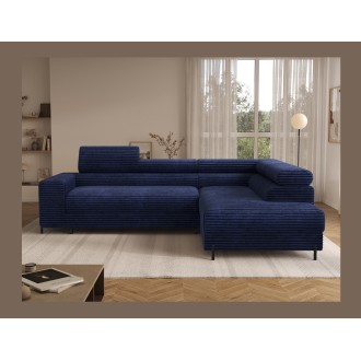 Canapé d'angle COLESIA convertible 5 places bleu foncé velours côtelé – droit – 274x200cm 