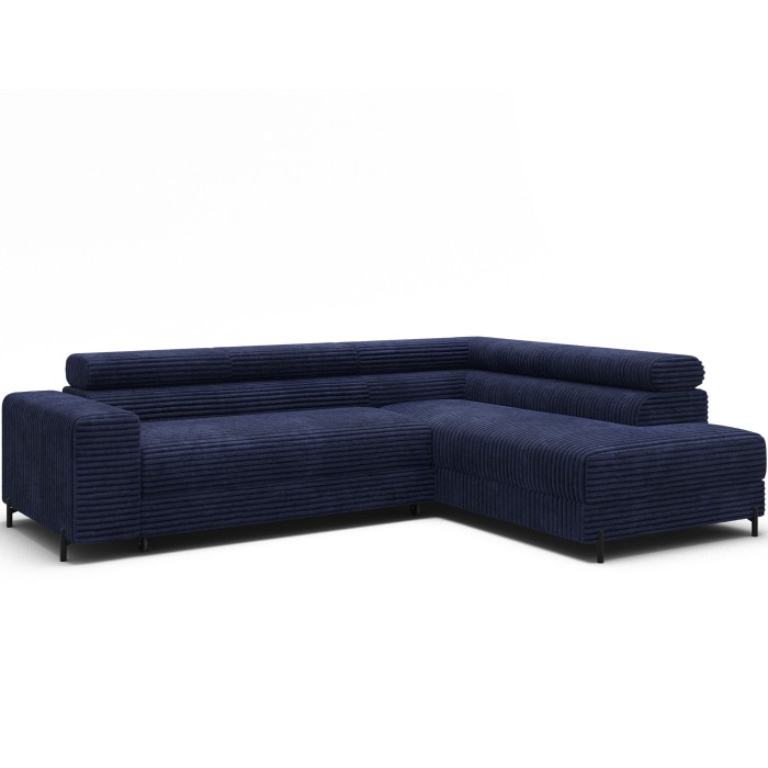 Canapé d'angle COLESIA convertible 5 places bleu foncé velours côtelé – droit – 274x200cm 