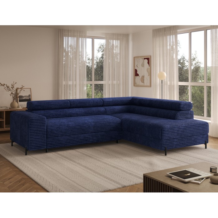 Canapé d'angle COLESIA convertible 5 places bleu foncé velours côtelé – droit – 274x200cm 