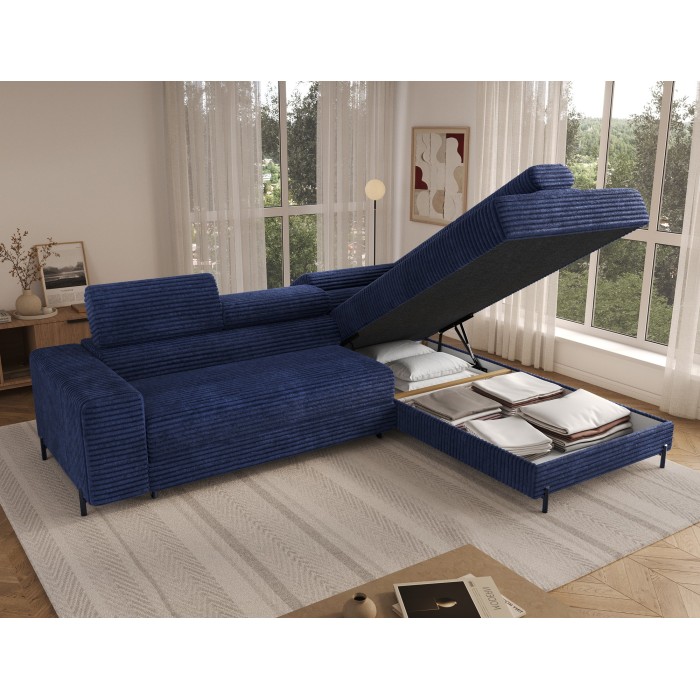 Canapé d'angle COLESIA convertible 5 places bleu foncé velours côtelé – droit – 274x200cm 