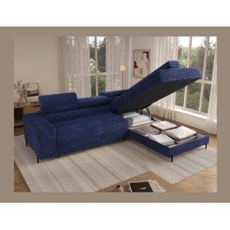 Canapé d'angle COLESIA convertible 5 places bleu foncé velours côtelé – droit – 274x200cm 
