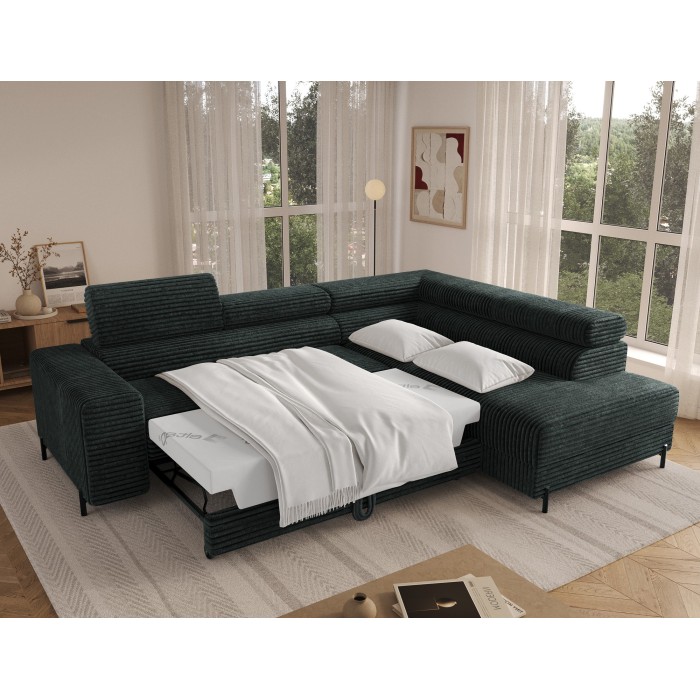 Canapé d'angle COLESIA convertible 5 places vert foncé velours côtelé – droit – 274x200cm 