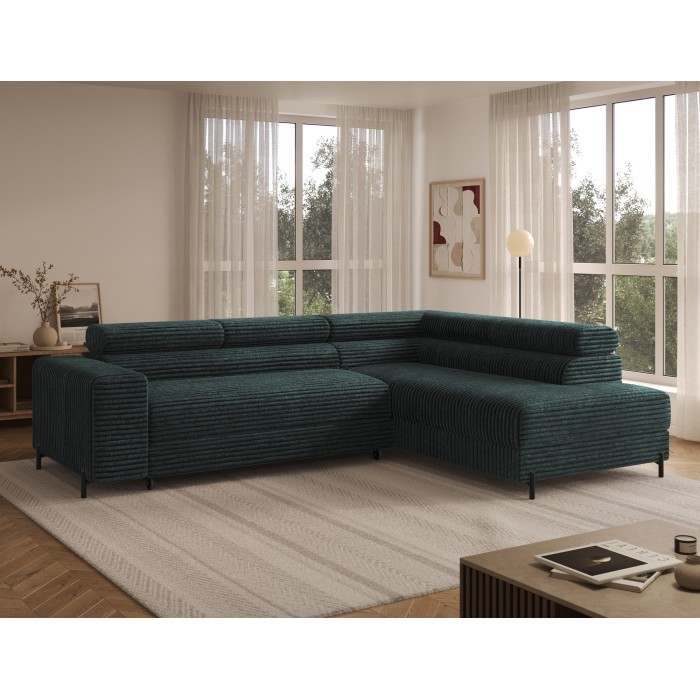 Canapé d'angle COLESIA convertible 5 places vert foncé velours côtelé – droit – 274x200cm 