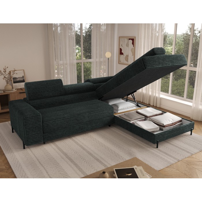 Canapé d'angle COLESIA convertible 5 places vert foncé velours côtelé – droit – 274x200cm 