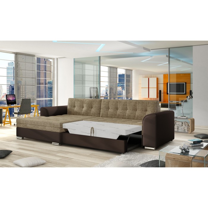 Canapé d’angle convertible CONFORTO 4 places beige et chocolat – angle gauche 