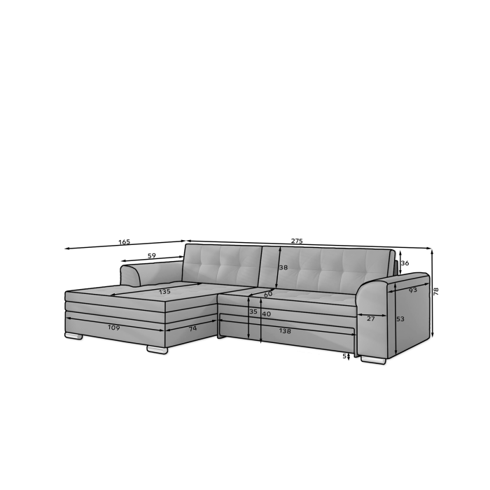 Canapé d’angle convertible CONFORTO 4 places gris – angle gauche 